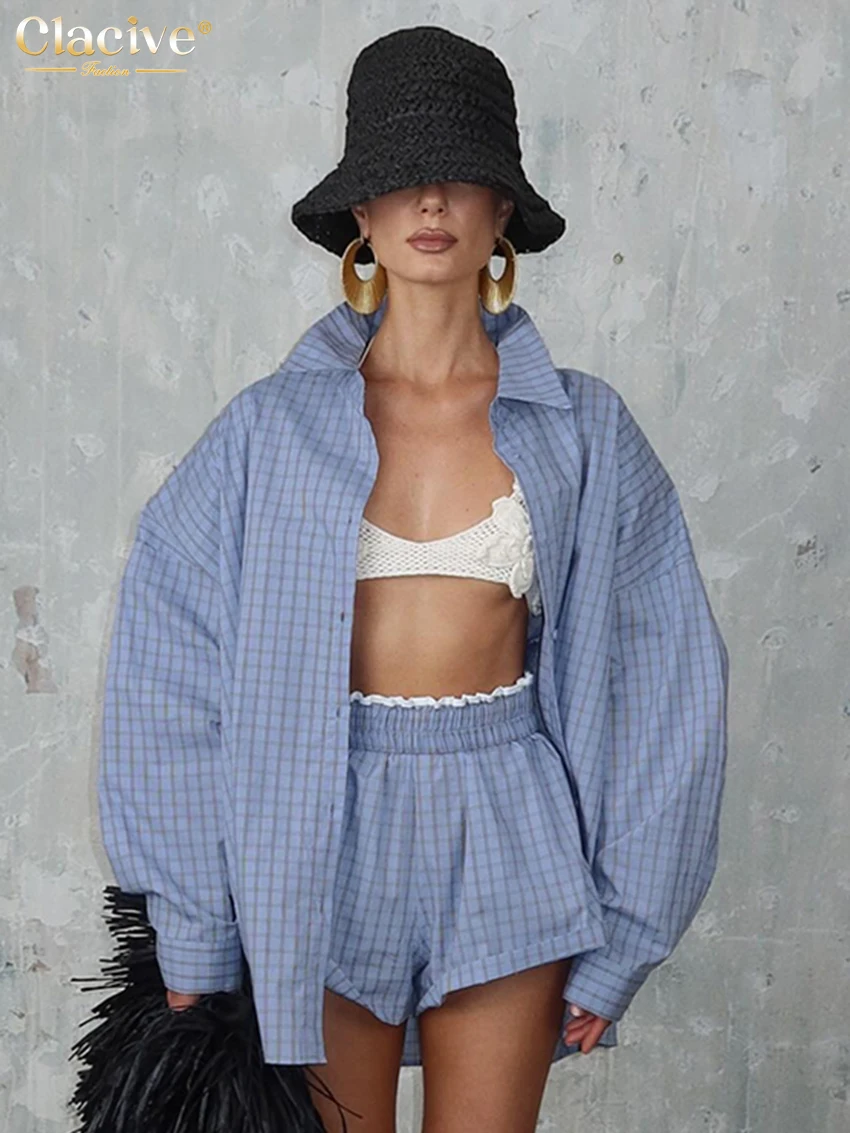 Clacive Fashion Loose Blue Plaid Women's Two Pieces Set 2025 Elegant Long Sleeve Shirt With High Waist Shorts Set Female Clothes