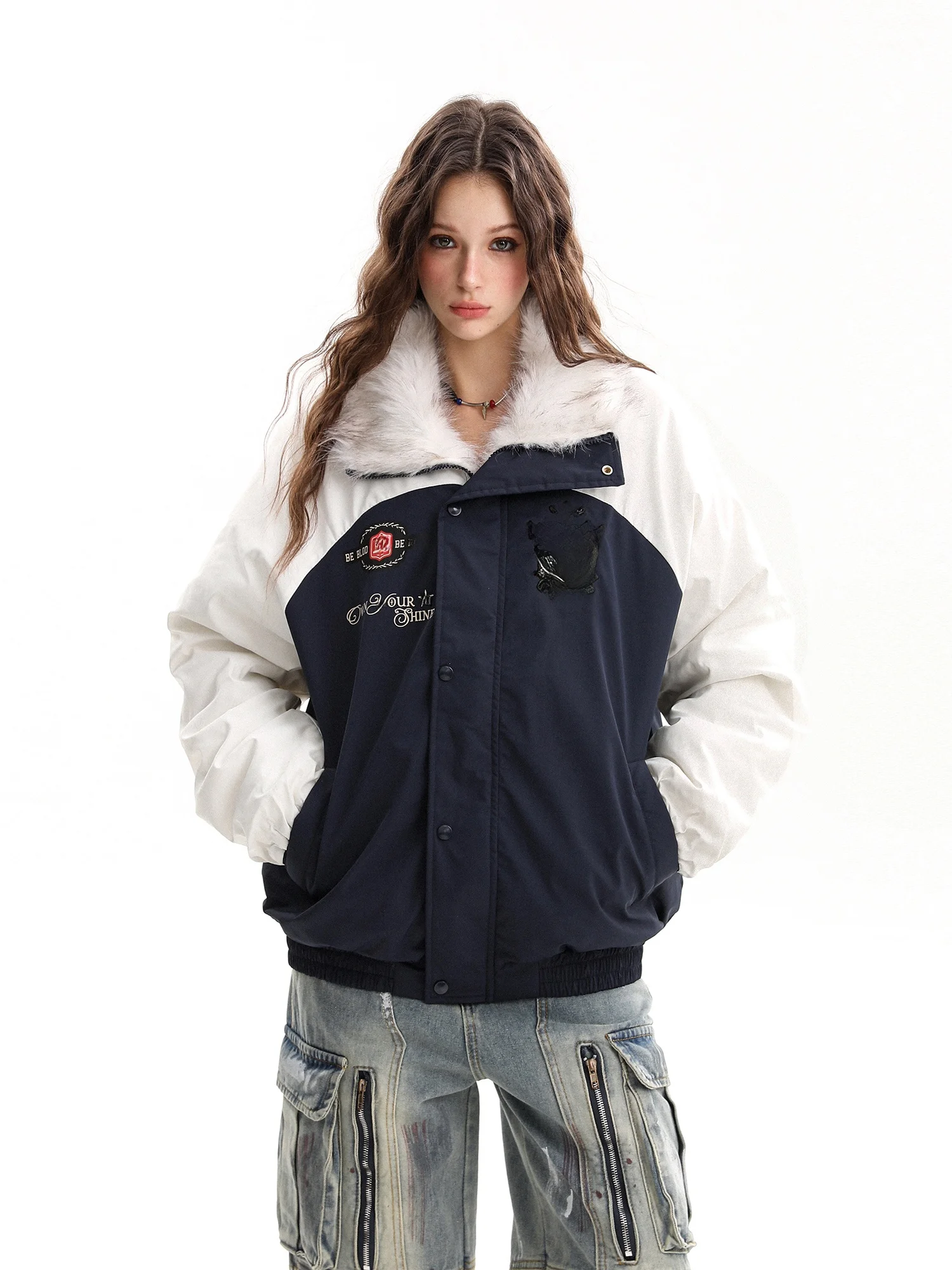 

Зимняя женская парка Biggold из хлопка с меховым воротником из орлиного меха, в американском стиле, с контрастными цветами, свободного кроя, для пар, модная