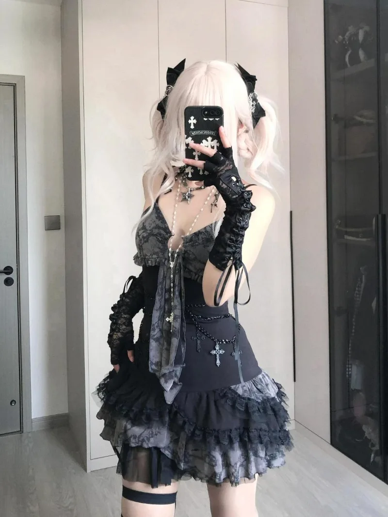 Fashion Harajuku High Street Sexy Sling Dress Punk Japan Y2k Aesthetic Patchwork Lace Gothic Girl Clothing Tiered Slim Colithes