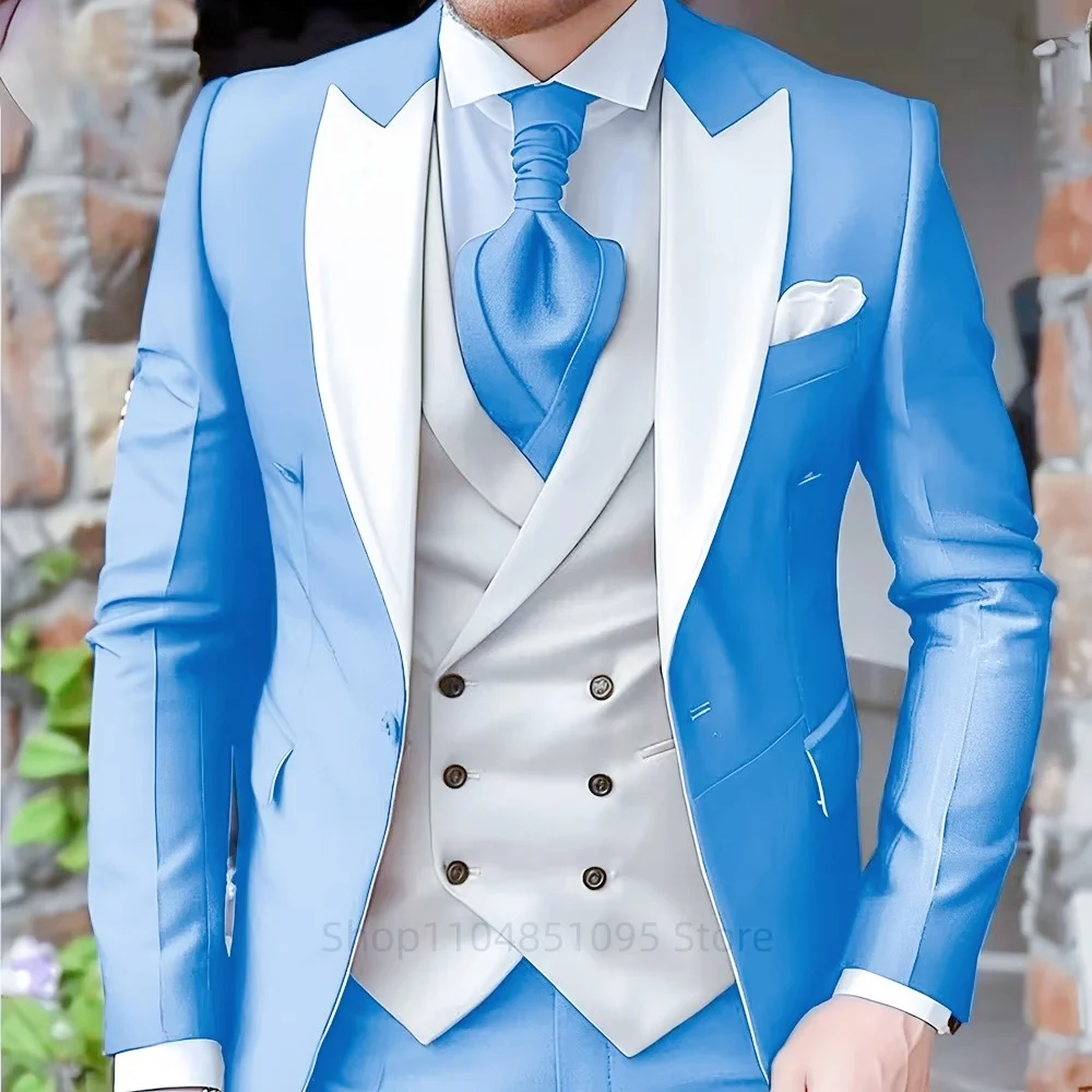 

Elegant Peak Lapel Jacket Groom Tuxedo 3 Pieces Blue Men's Suits Blazer Vest and Pants Set Formal Men's Suit for Business