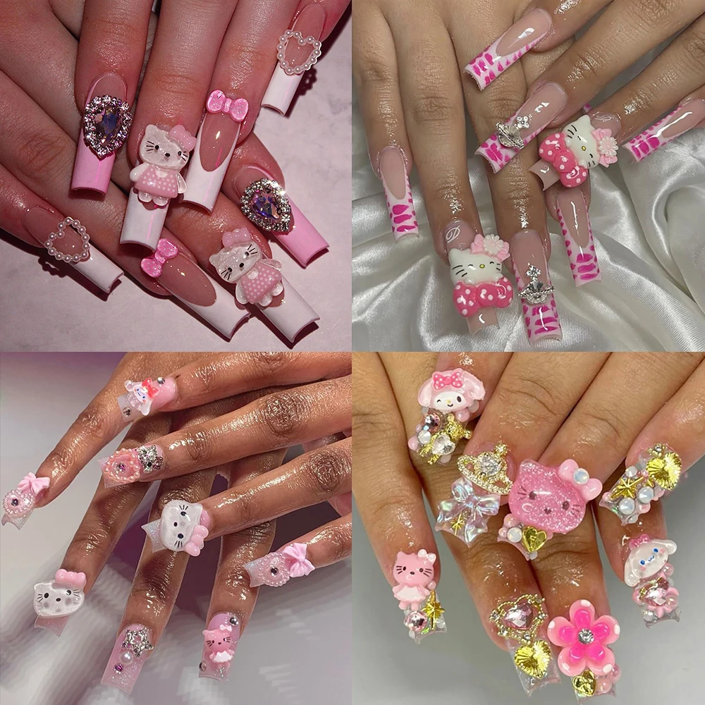 

Sanrio Hello Kitty French Xl Long Square Wearable Press On Nails Spice Girl Pentagram Rhinestone Nails Sticker Charm Girls Gift