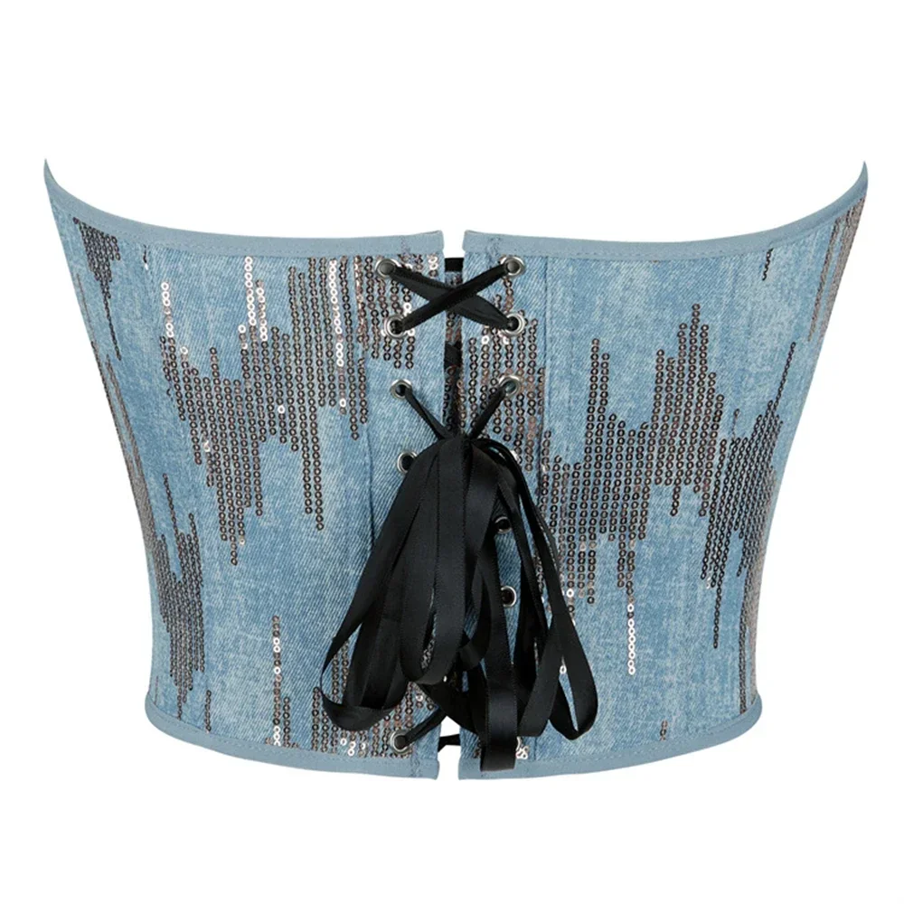 Sexy Off Shoulder Bustier Fashion Floral Print Denim Corset Crop Top Zipper Sleeveless Corsets Women Summer Party Streetwear