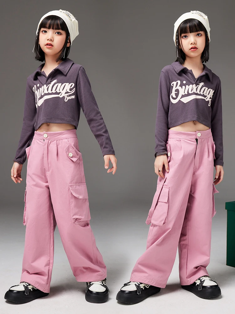 Long Sleeve Jazz Dance Costume Girls Cheerleading Clothes Tops Pink Cargo Pants Loose Tracksuit Street Dance Clothing DL11092