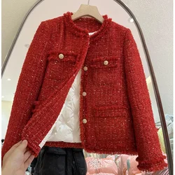 Red Cropped Tweed Coat Women Korean Fashion Long Sleeve Autumn Winter Jacket Single Breasted Down Cotton Lined Warm Lady Outwear