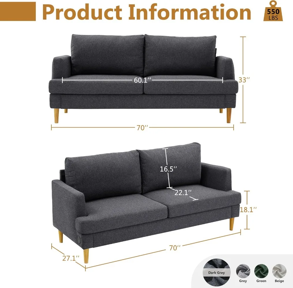 Mid Century Modern Love Seat, 2 Seater Sofa Couches for Living Room, Small Couch with USB & Removable Pillow Cover