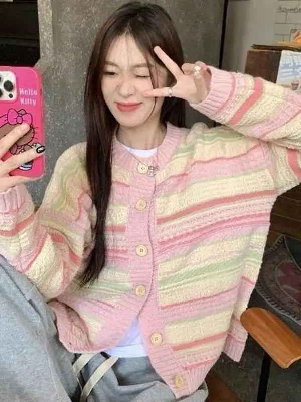 Color Block Striped Knitted Open Cardigan Sweet Style Women's Outerwear Loose Fit Sweater Versatile Autumn New Arrival
