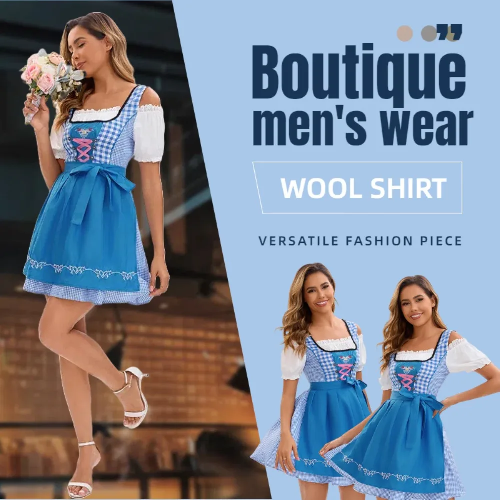 

Women Midi Traditional Dress with Apron for Oktoberfest Fashion Classic Style Short Sleeve Plaid Patchwork Maxi Dresses Vestidos