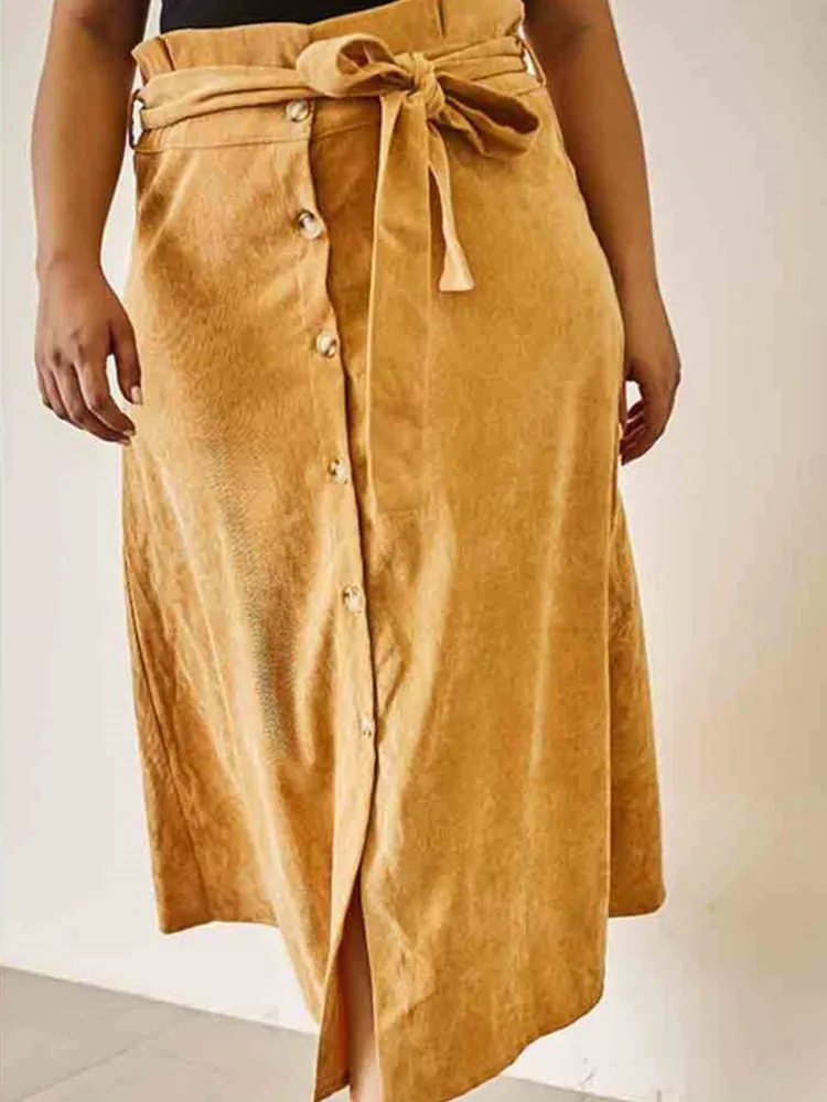 Plus Size Spring Corduroy Long A-Line Skirts Women Bow Fashion High Waist Ladies Skirts Casual Loose Split Pleated Woman Skirts