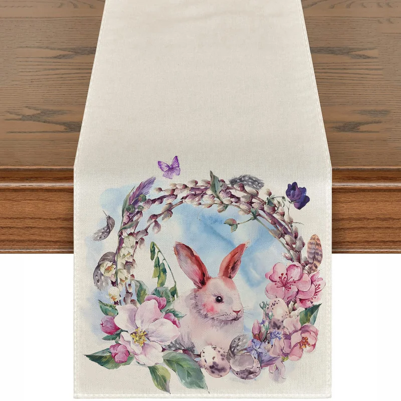 

Cute Linen Easter Bunny Eggs Flower Printed Table Runner Flag Kitchen Dining Coffee Tablecloth Party Table Cover Home Decor