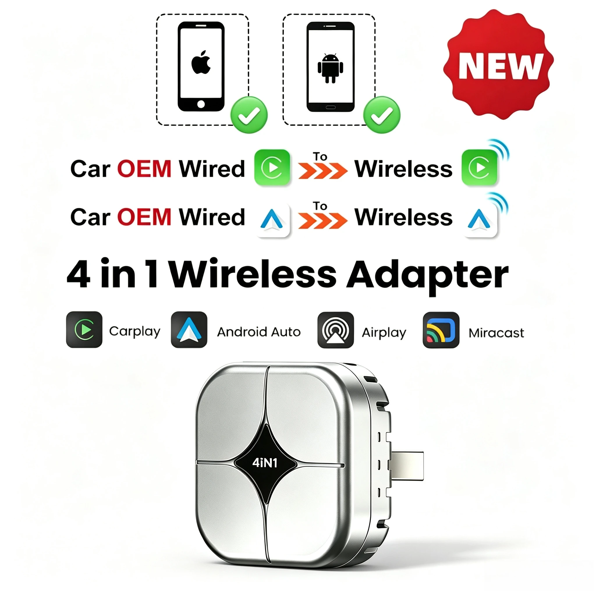 2026 4in1 Wireless CarPlay Mini AI Box With Efficient Heat Dissipation Support Android Auto AirPlay Miracast USB Auto Connect