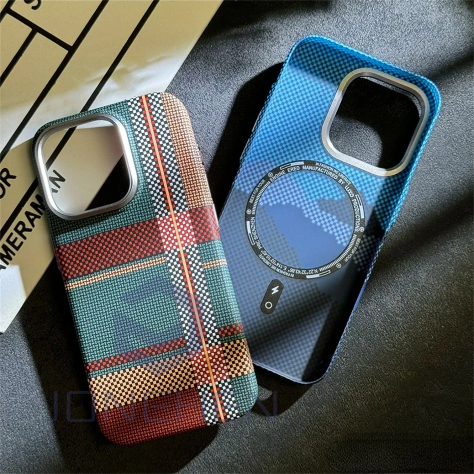 Magnetic Hit Color Carbon Fibre For MagSafe Wireless Charge Case for iPhone 12 13 14 15 16 Pro Max Alloy Lens Slim Hard PC Cover