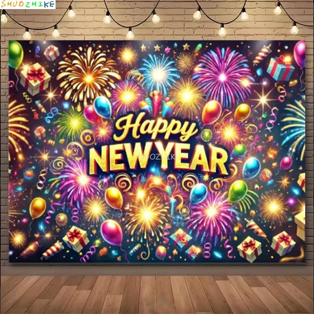 

2026 Gold Happy New Year Background Glitter Clock Champagne Lights Balloons Christmas Family Party Photography Backdrop NY-07