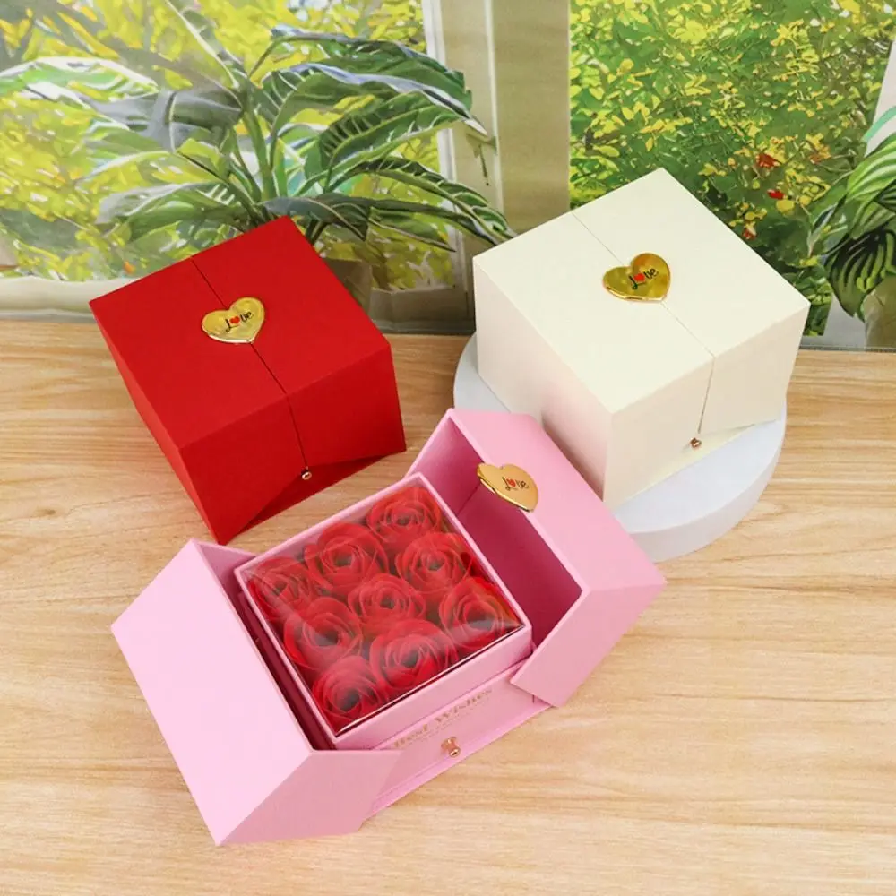 Caja de regalo creativa con forma de rosa en forma de corazón, joyero portátil emergente automático, caja de anillo de diamante para boda de niña
