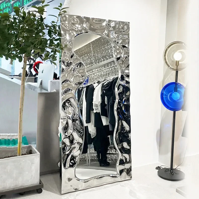 

Full body floor mirror stainless steel creative water ripple simple dressing against the wall fitting clothing store photo