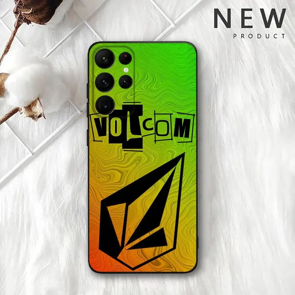 Moda v-volcom esporte estilo caso de telefone para samsung s 25,24,23,22,30,21,10,9,ultra,plus,lite,fe,4,5g preto caso macio