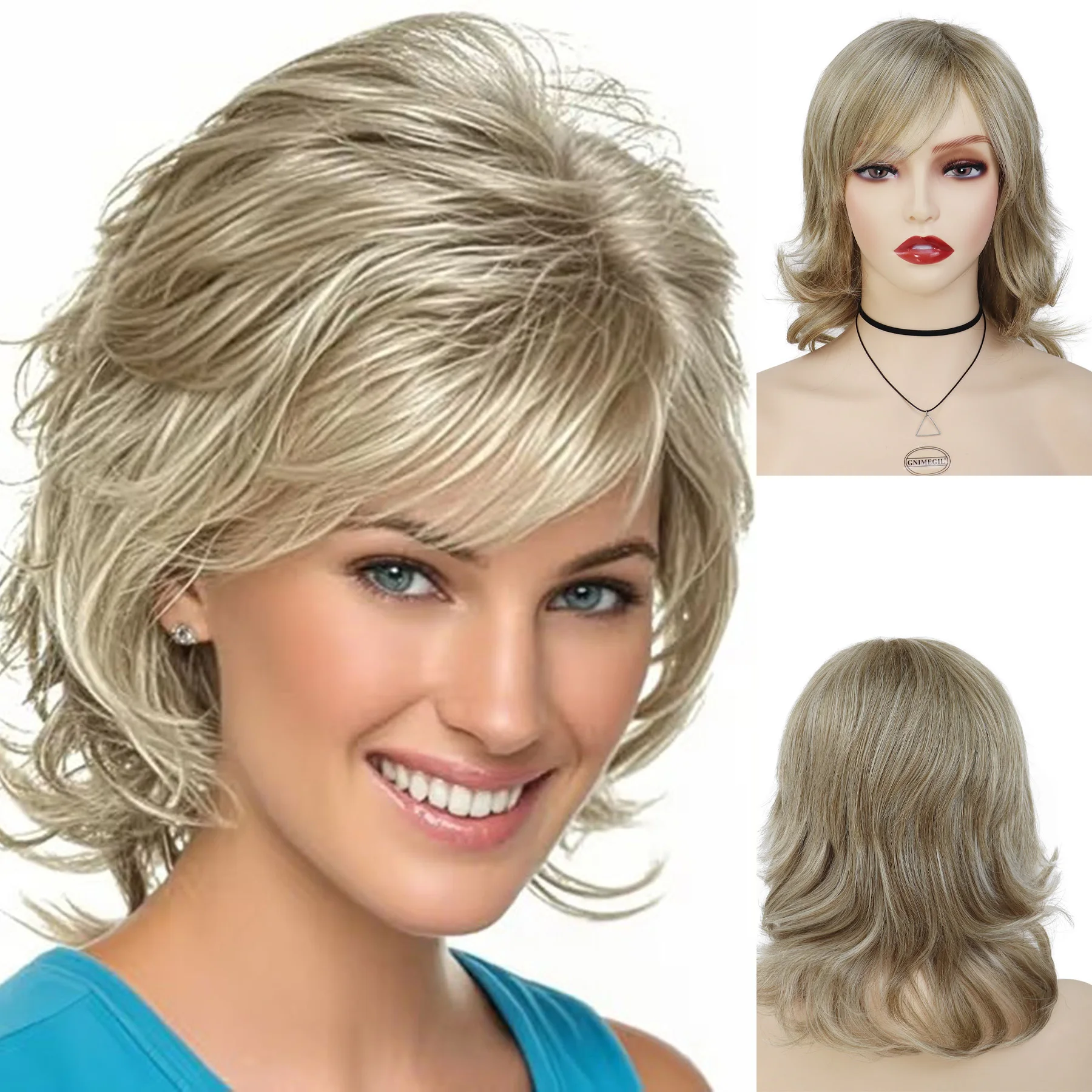 

Natural Synthetic Blonde Wig for Women Lady Short Curly Wigs with Bangs Daily Costume Party Use Heat Resistant Fiber Fake Hair