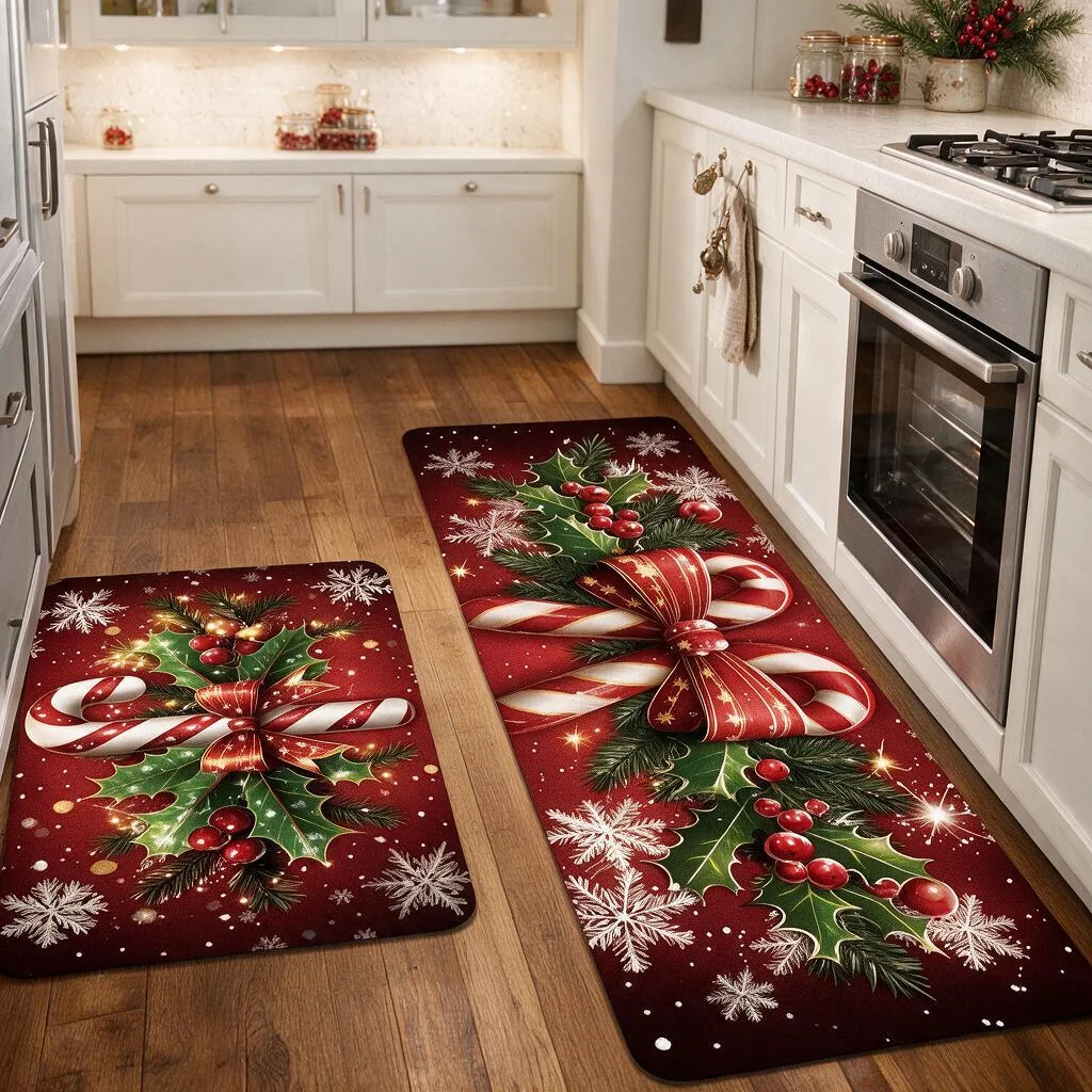 Christmas Kitchen Mat Square Cozy Plush Flannel Rug Non Slip Highly Absorbent Soft Floor Mat for Bathroom Toilet Entryway