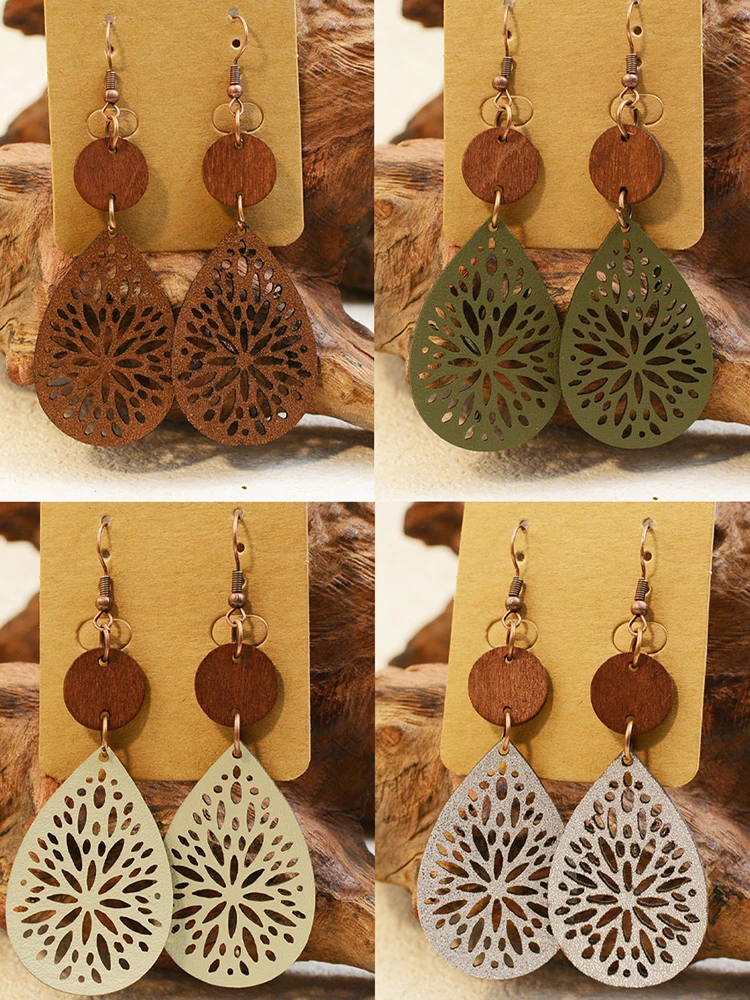 Trendy Vintage Ethnic Round Wood Leather Drop Dangle Earrings For Women Boho Geometric Hollow Flower Lightweight Earings Jewelry