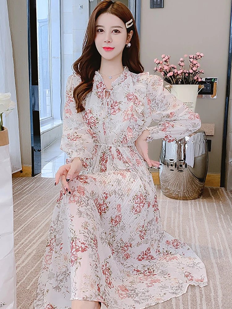 Vestido elegante de gasa Floral de manga larga con volantes para mujer, vestido largo ajustado elegante de otoño, vestido de fiesta de lujo elegante de moda coreana 2025