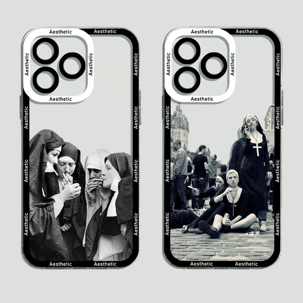 Smoking Nuns Art Aesthetic Phone Case For iPhone 15 14 13 12 11 Mini Pro Max X XR 7 8 Plus Transparent Cover