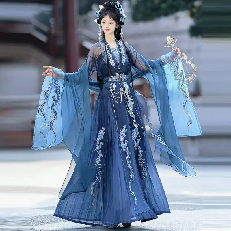 

Women's Traditional Blue Embroidery Costume Vintage Girls Halloween Event Martial Cosplay Suit Classic Goddess Fairy Hanfu Dress