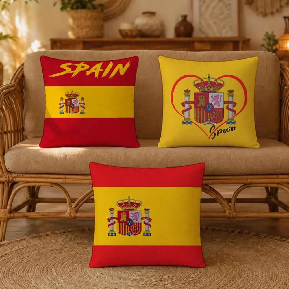 Spanish Flag Pillow Cover Soft Peach‑Skin Cushion Cover Spain National Emblem Heart Pattern Throw Pillowcase for Living Room Sof