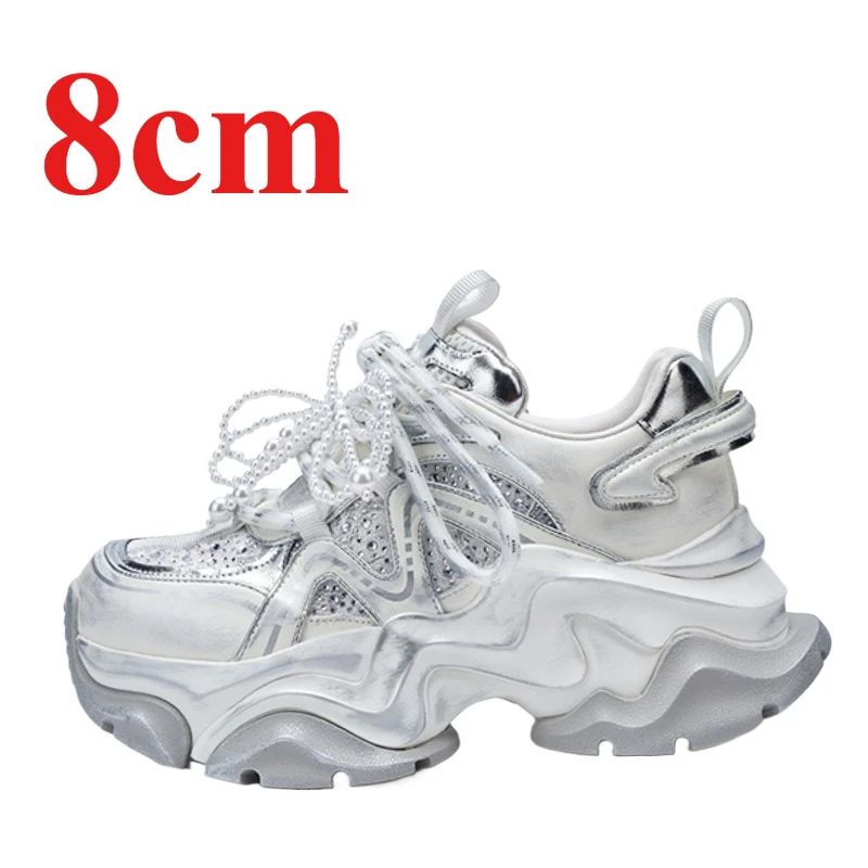 

Height Increasing Shoes for Women's Genuine Leather Thick Platform Increased 8cm Stylish Comfortable Beaded Elevator Shoes Women