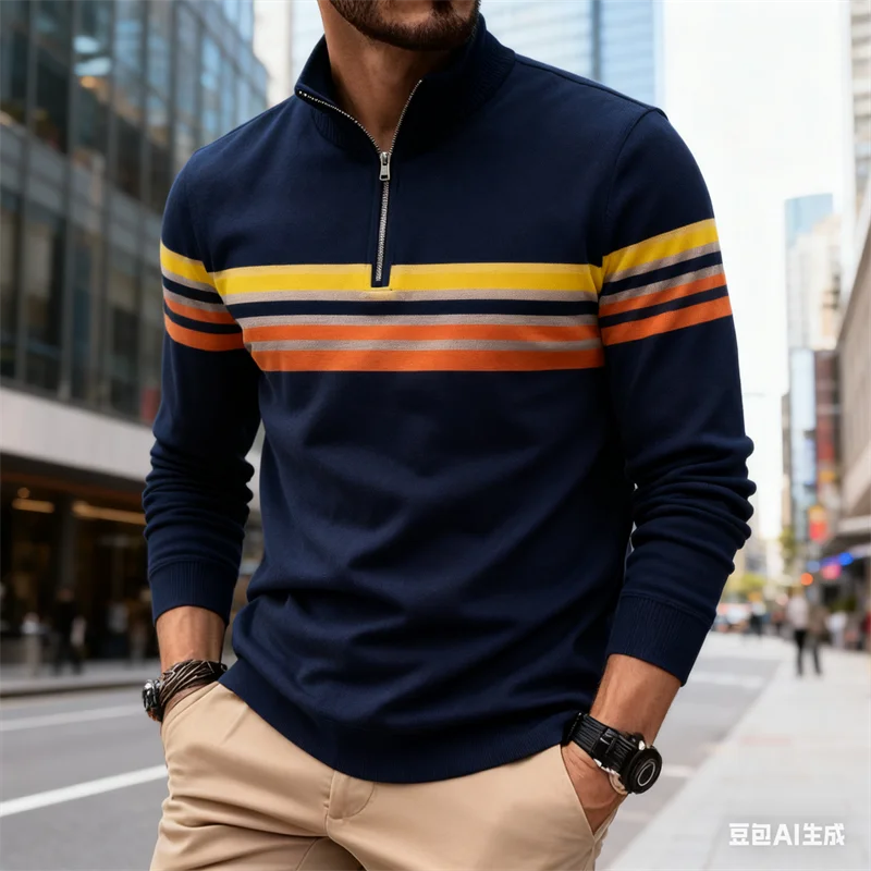 

Colourful Stripe Print Men's Half Zip Sweatshirt Autumn Vintage Long Sleeve Clothes Fashion Stand Collar Loose Breathable Men To