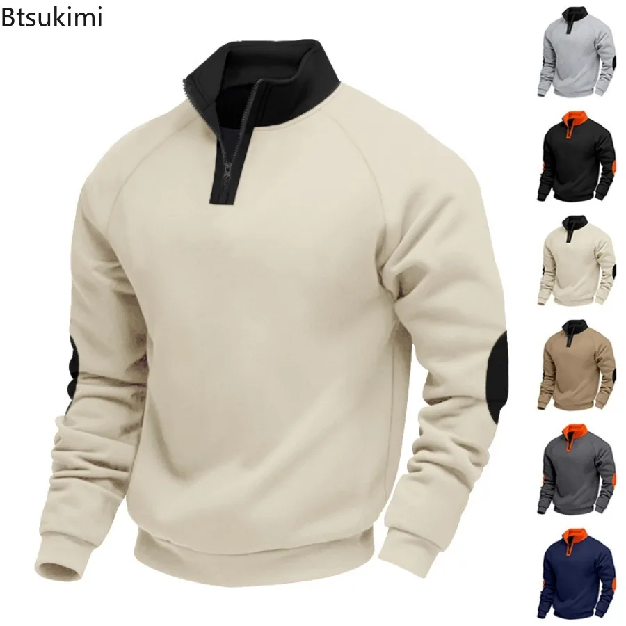 

New Men's Casual Sweatshirts Stand Collar Warm Pullovers Trend Splice Long Sleeve Hoodies Winter Men Clothing Hip Pop Streetwear
