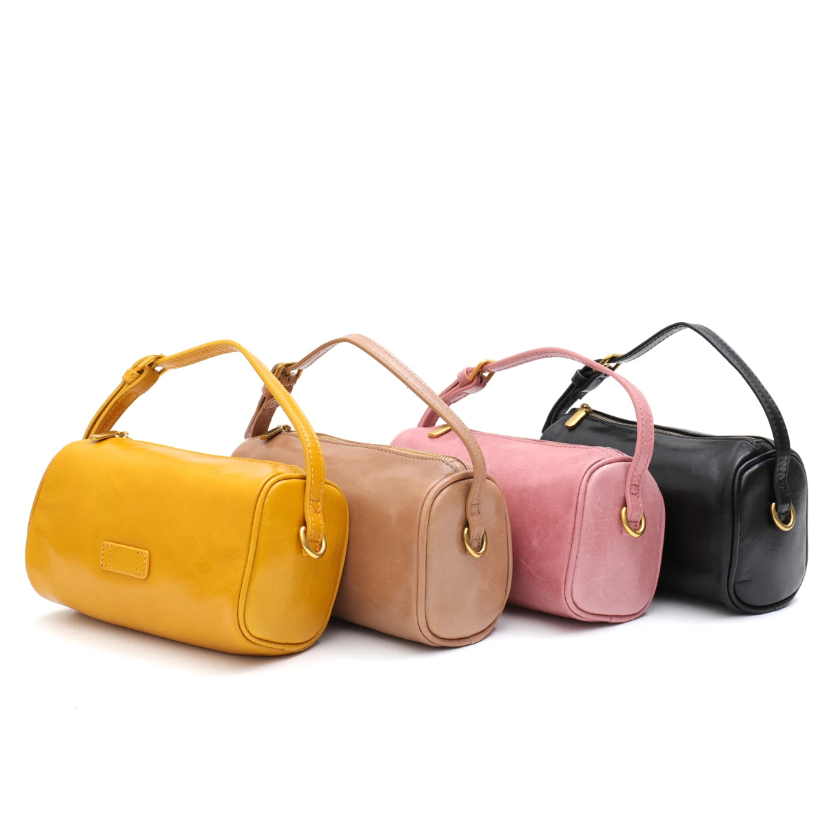 SC Brand Designer Women Real Oil Waxed Leather Top-handle Bag Fashion Small Barrel Shaped Bucket Handbag  Long Chain Cross body