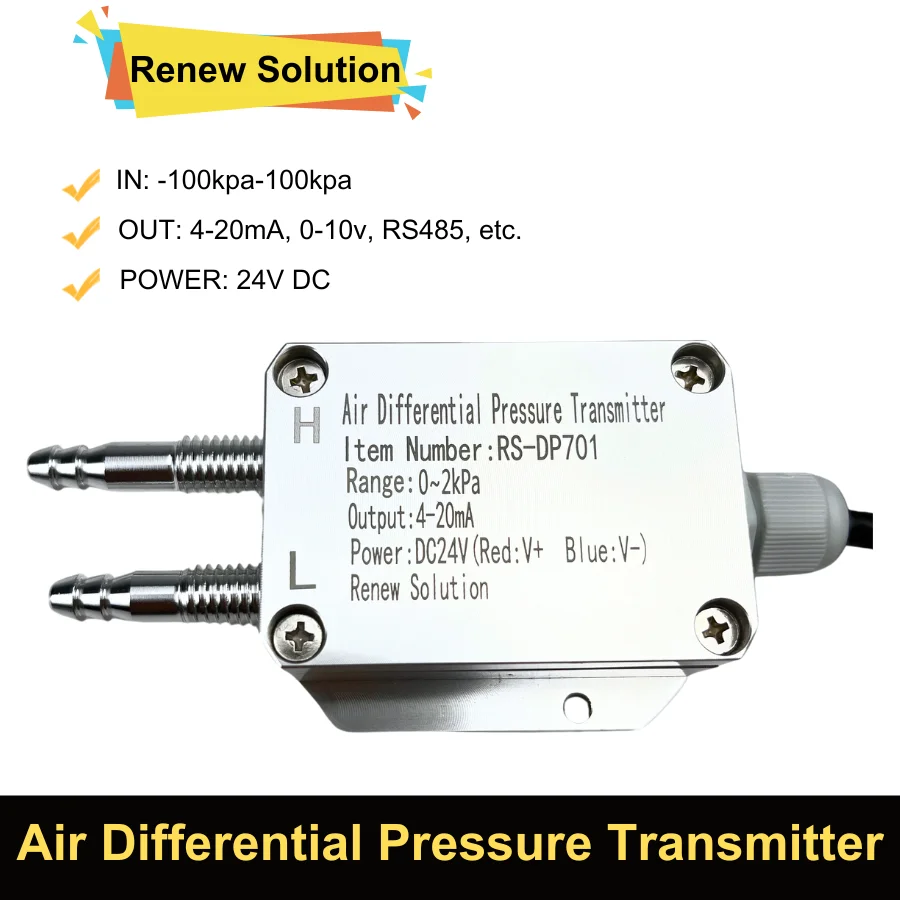 Air Gas Wind Pressure Differential Sensor Transmitter 4-20mA 0-10V 1-5V 0-5V RS485  -10Kpa -0-10Kpa Differential Pressure Meter