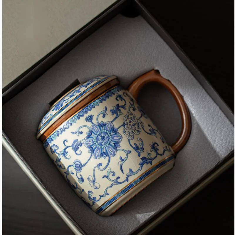 

Blue And White Ru Kiln Tea Cup Ceramic With Cover Tea Infuser Separation Design Office Mug Box Packaging Gifts For Friends