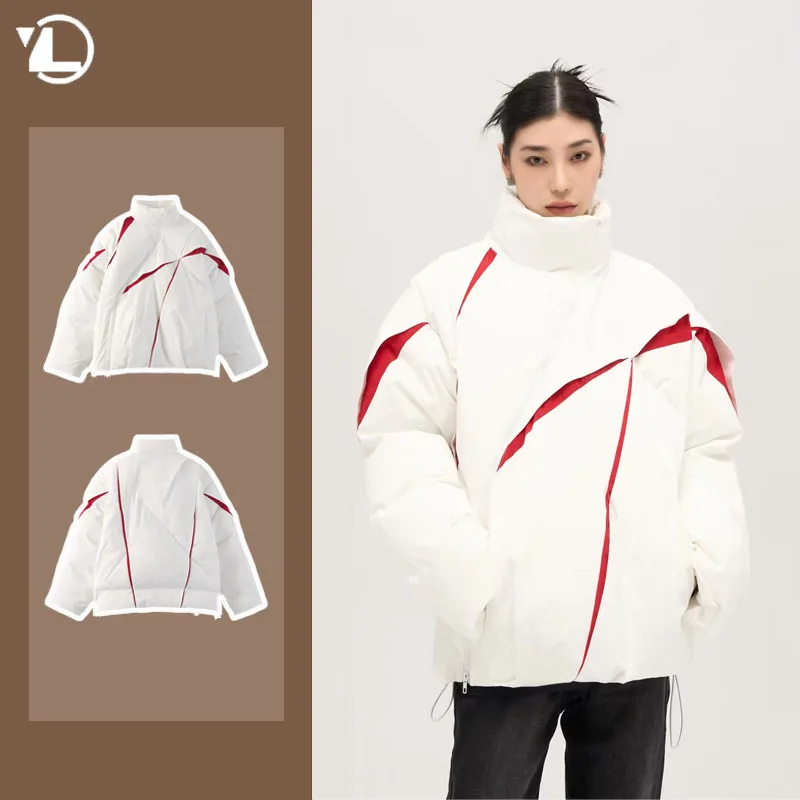 American Hip-hop Cotton Jacket Men Irregular Structure Color Block Zipper Thickened Winter Parkas Loose Casual Pleated Male Coat