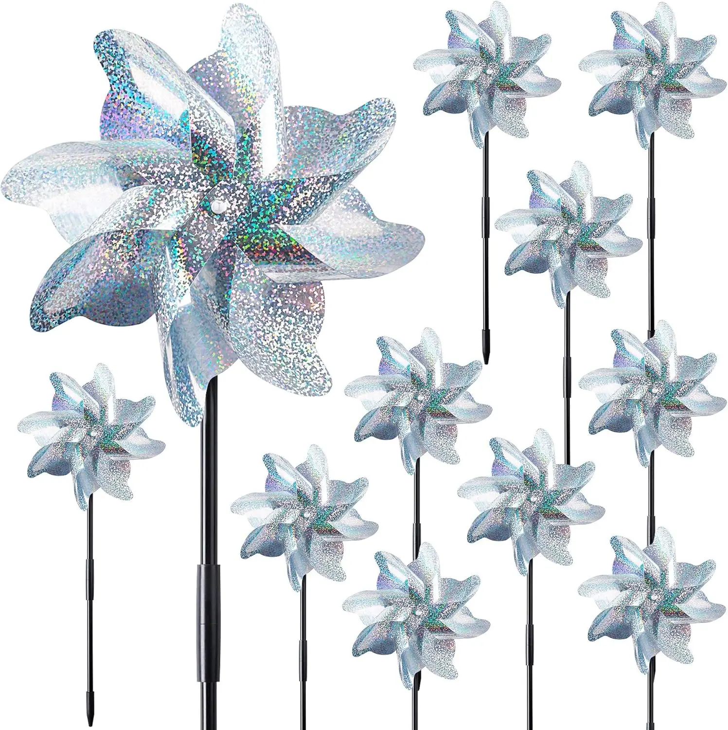 3PCS Reflective Pinwheels with Stakes Extra Sparkly Pinwheels for Yard and Garden Bird Deterrent Silver Pinwheels with Stakes
