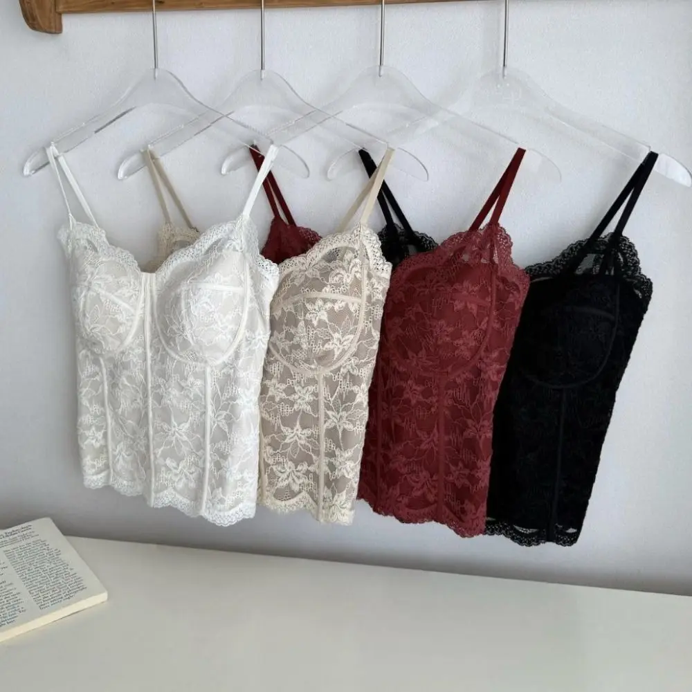 

Fashion Mesh Flower Slim Lace Crop Top Sweet Bottoming Shirt Girl's Vest Top Spicy Girls Style Summer Camisole with Pads Women