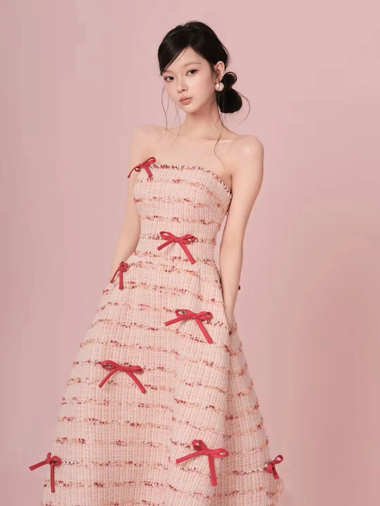 

Pink Strapl Wedding Dr Korean Sle Birthday Par Gown Small Fraance Sle A-Line Skirt Pearl Embellied Mid-Waist