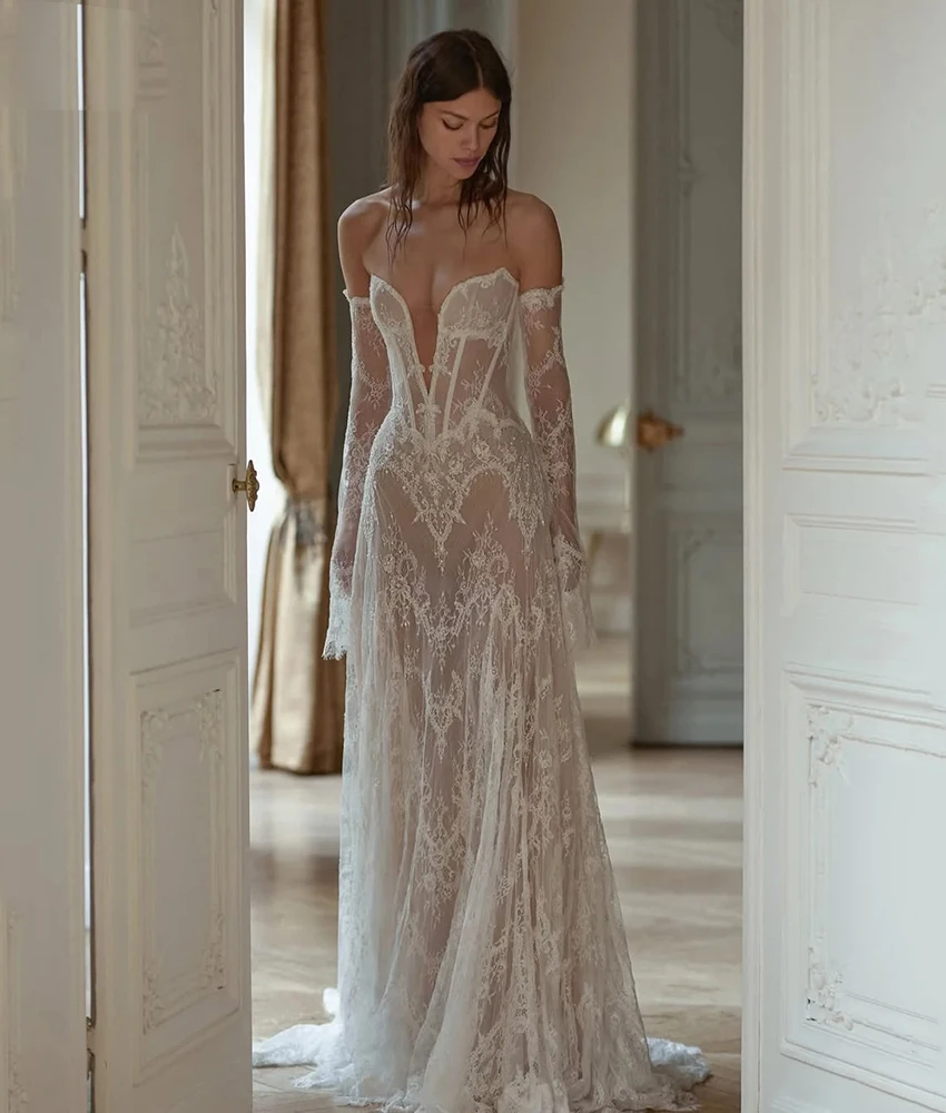 

MCDV Customized Sexy Lace A-Line Off the Shoulder Evening Dress High Quality Sweetheart Long Sleeves Floor Length Party Gowns