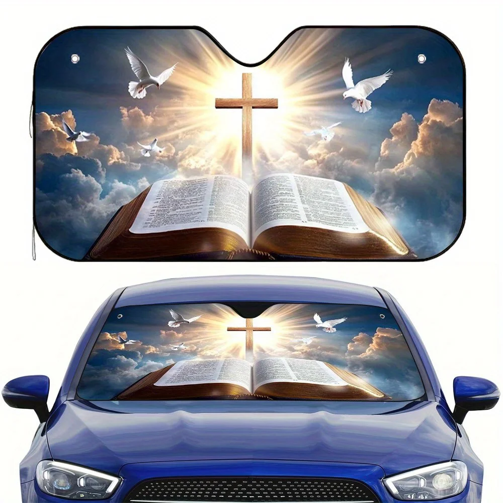1pc Sunshine Bible Angel Design Car Sunshade – Heat Protection, Stylish & Functional, Includes 4 Suction Cups