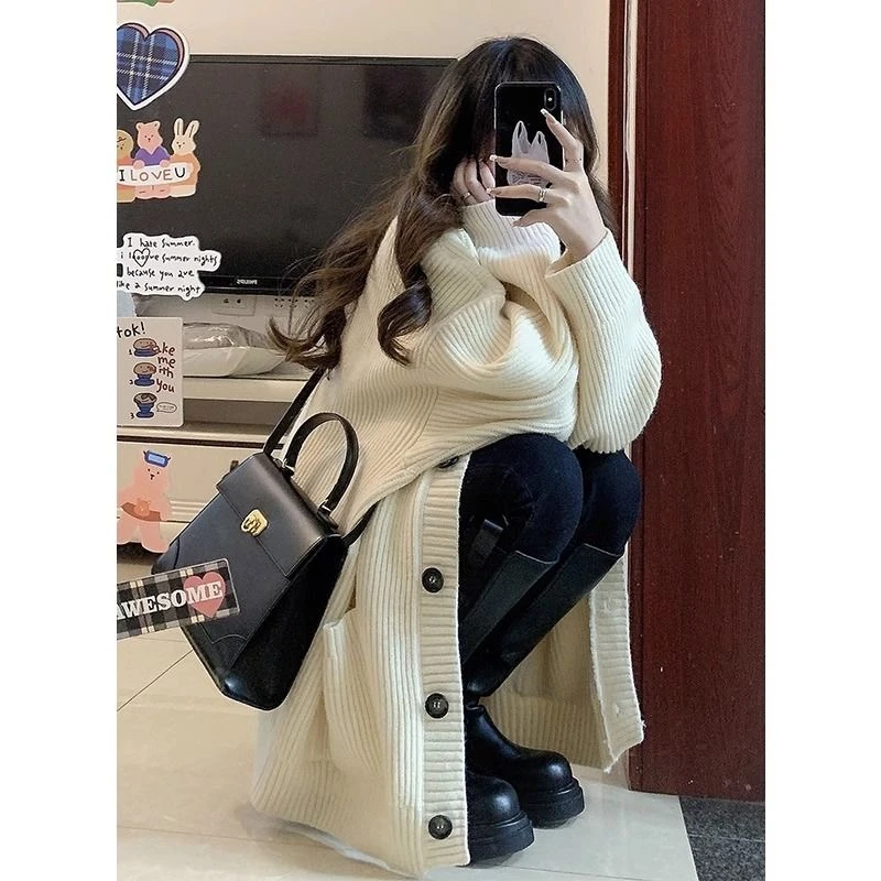 College Style Japanese V-neck Oversize Sweater Cardigan Women Girl JK Uniform Knitted Sweater Brown Gray Loose Coat Autumn Winer