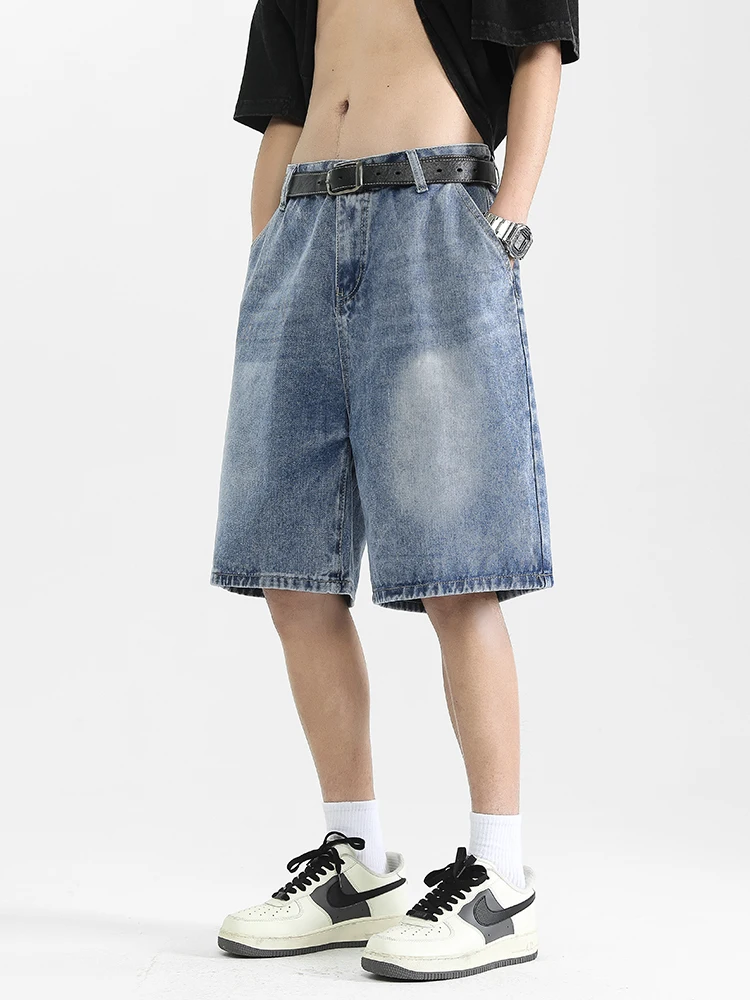 Grey men's denim shorts with straight button pattern, men's jeans, pants, denim retro streetwear, wide style, summer new style