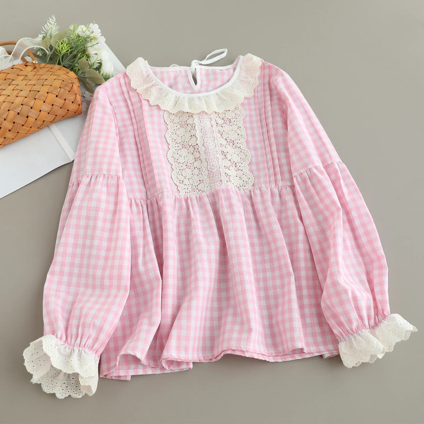 Japanse Zoete Mori Meisje Vintage Plaid Kant Patchwork Katoenen Shirts Vrouwen Herfst O-hals Lange Mouw Casual Losse Blouse Tops