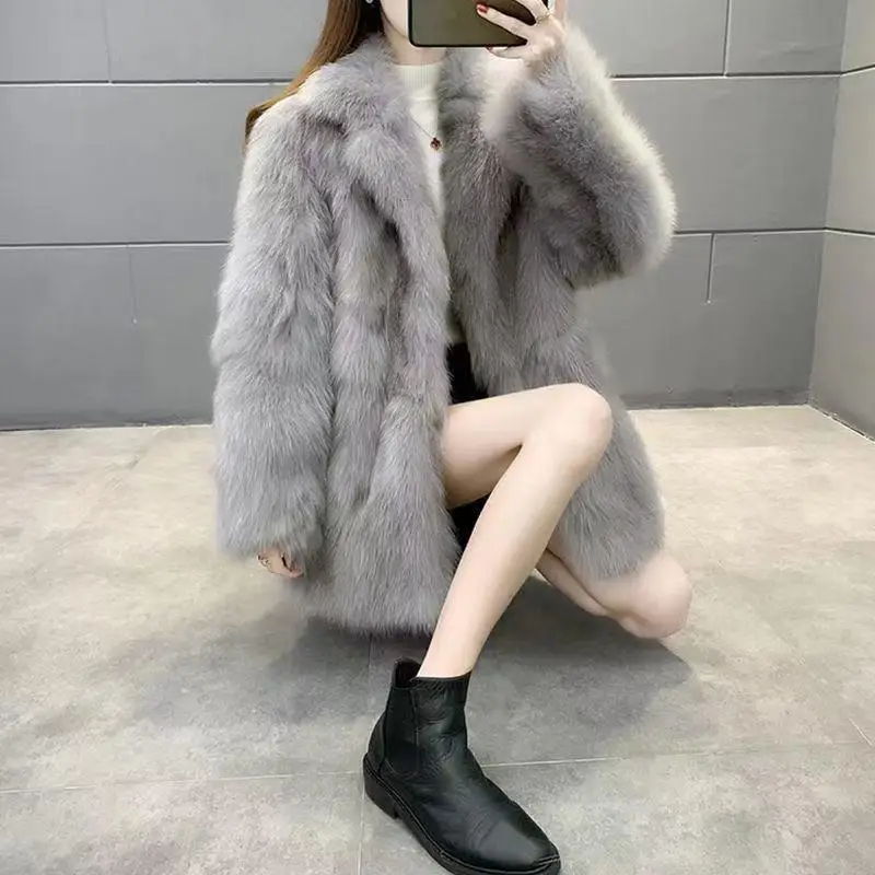 Pockets Women Imitation Mink Fur Mid-Long Thicken Jacket Slim Plush Coat High Quality Women Clothing New Fashion Autumn Winter