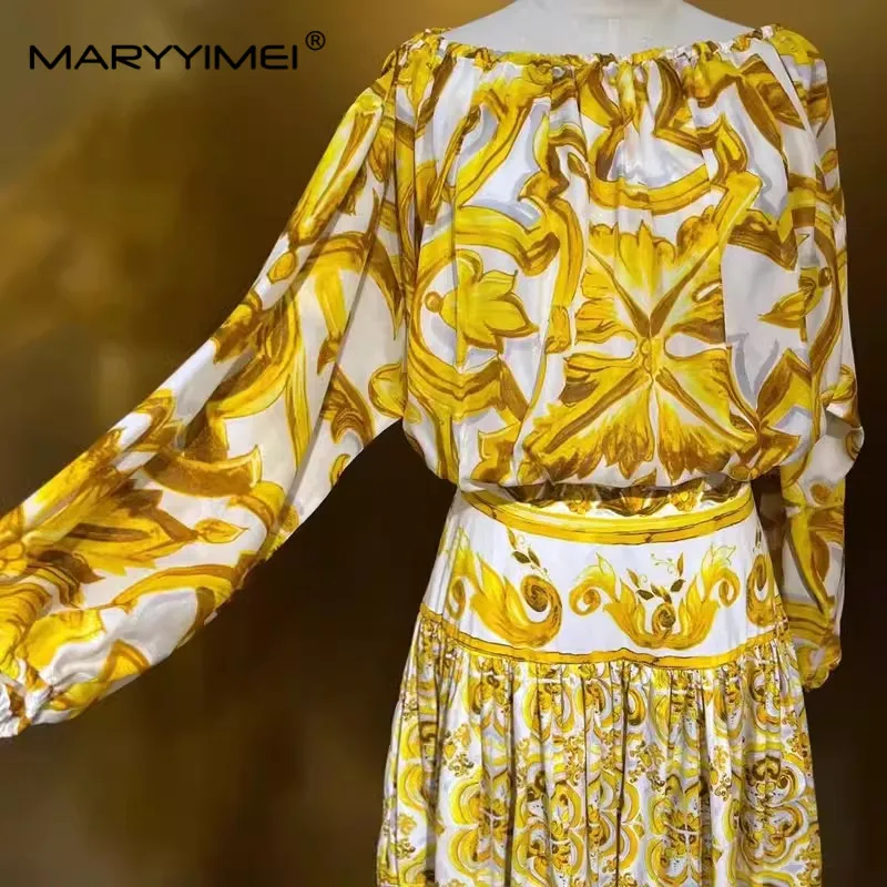 MARYYIMEI Spring Summer Fashion Women\'s Silk top Elegant Slash Neck Short Sleeved+ Cotton Baroque Style Half skirt