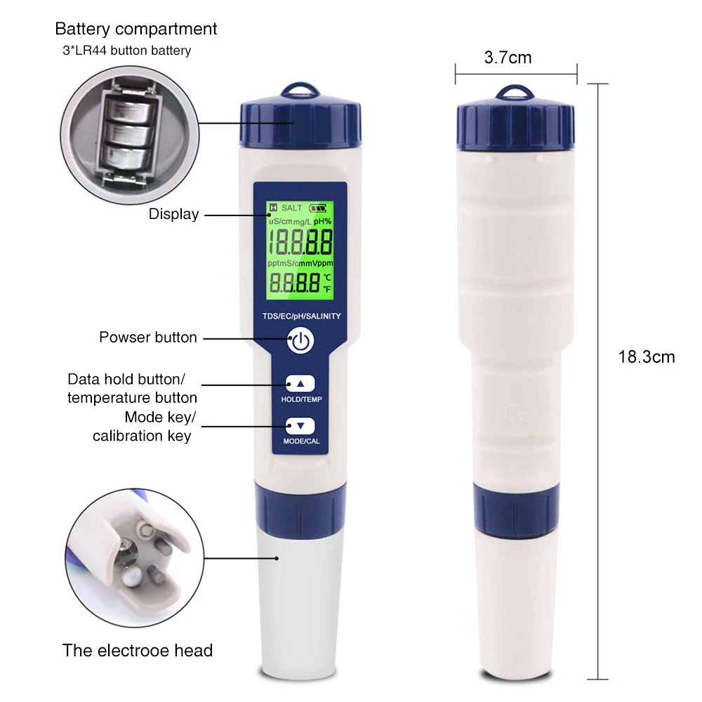 Imagem -02 - Digital Lcd Tester Qualidade da Água Monitor para Piscinas Aquários de Água Potável ph Tds ce Sal Temp ez 9909 Novo em 1