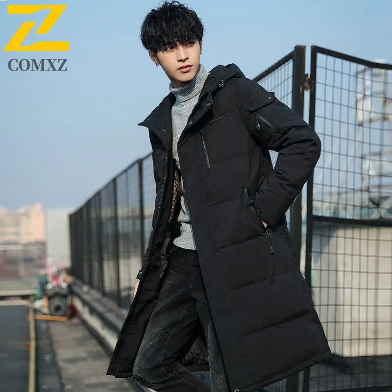 COMXZ سترات رجالية عصرية بياقة مقنعين على الموضة الكورية معطف دافئ مملوء للتنقل في المكتب سترة شتوية خفيفة الوزن
