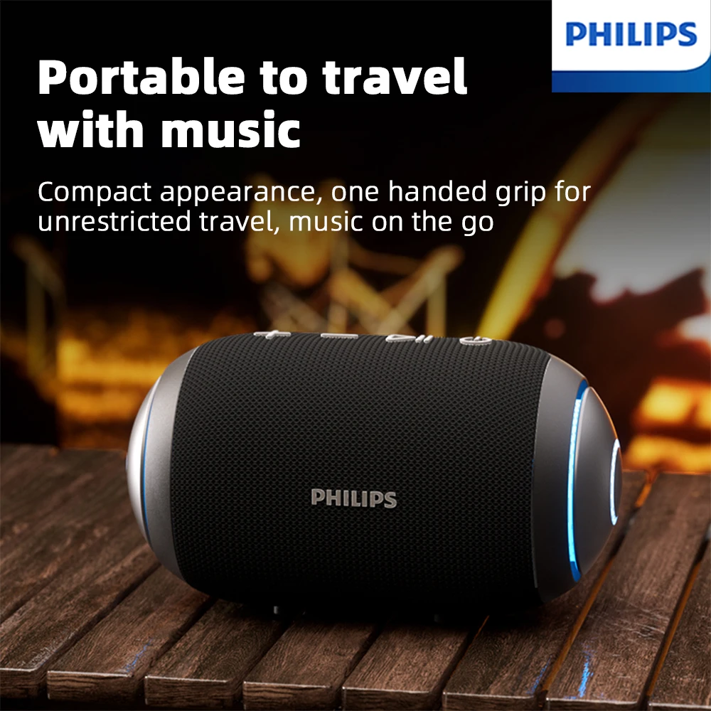 Philips TAS3209 Уличный портативный беспроводной динамик с цветным освещением, срок службы батареи 1800 мАч, чудесный звук, музыка для кемпинга