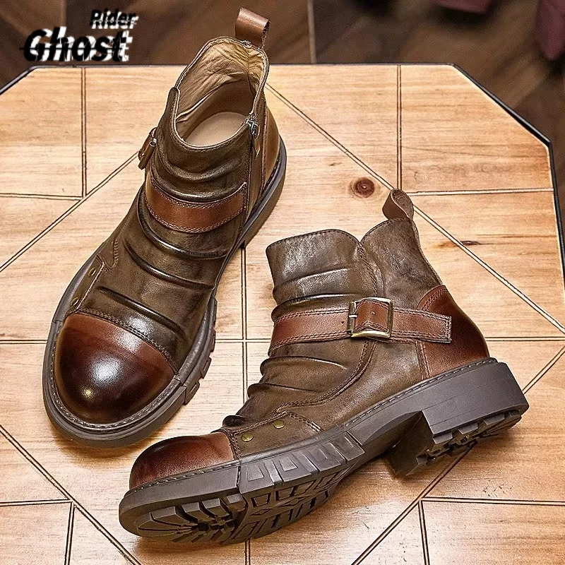 Handmade Punk Motorcycle Boots Men's Genuine Leather Boots British Style Boots Cowhide Workwear Short Shoes
