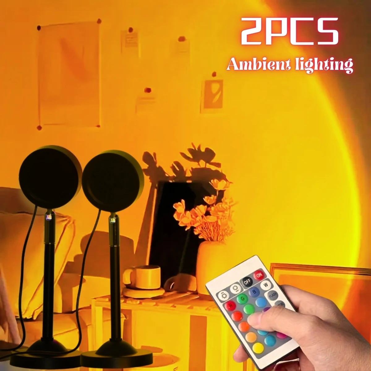 

2 шт. Яркая проекционная лампа заката — 16-цветный спектр, USB-пульт дистанционного управления, динамический светодиодный светильник, меняющий цвет — создает теплый дом