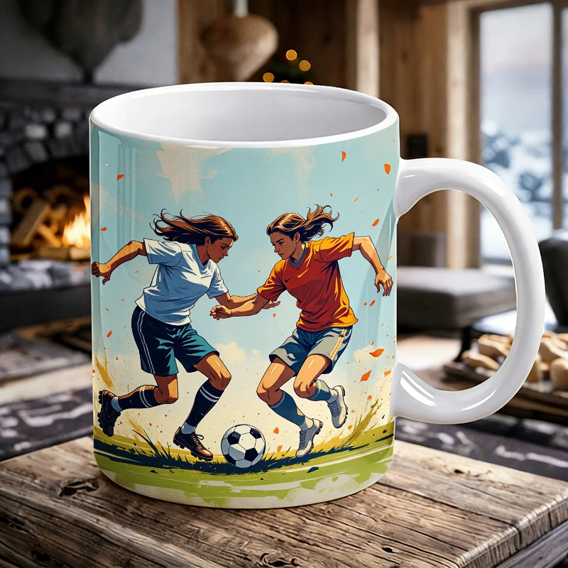 

Bright Sky Female Football Duel Coffee Mug, Two Girls Soccer Competition Ceramic Cup, 11oz Fresh Energetic Sport Daily Drinkware