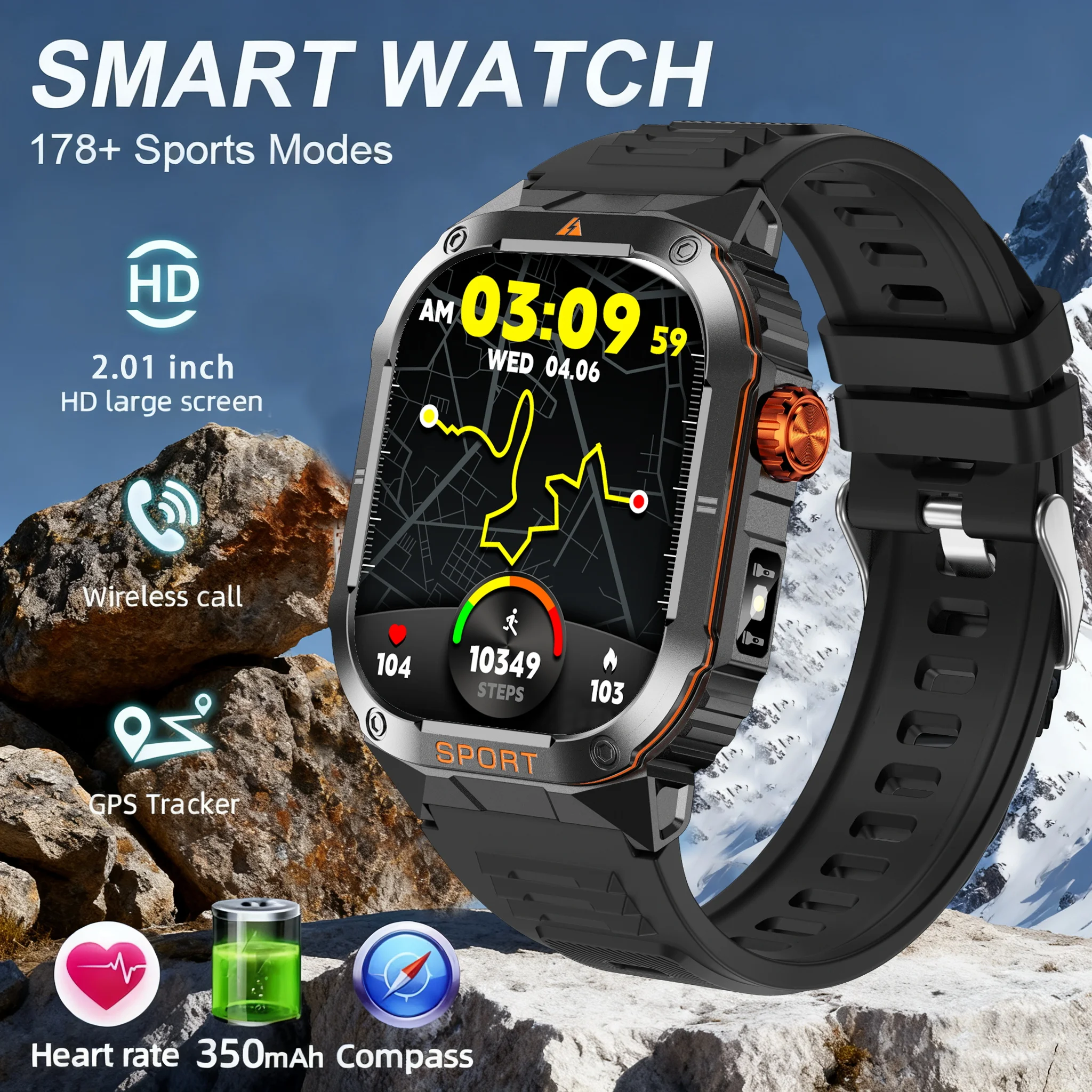

2025 New 2.01" high-definition smartwatch for men, military-quality outdoor waterproof watch, sports and fitness, Bluetooth call